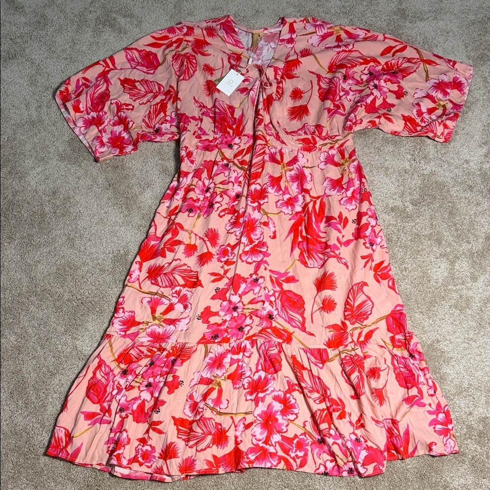 Onshore Maxi Dress Women One Size Pink Tropical Floral Tiered Boho Short Sleeve
